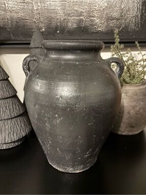 Vintage Style Handcrafted Black Ceramic Vase With Handles